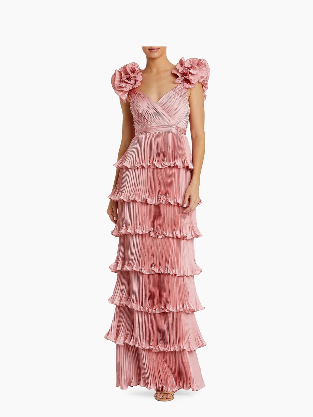 Mac Duggal Dusty Rose Pleated Tiered Maxi Gown with Ruffle Shoulders